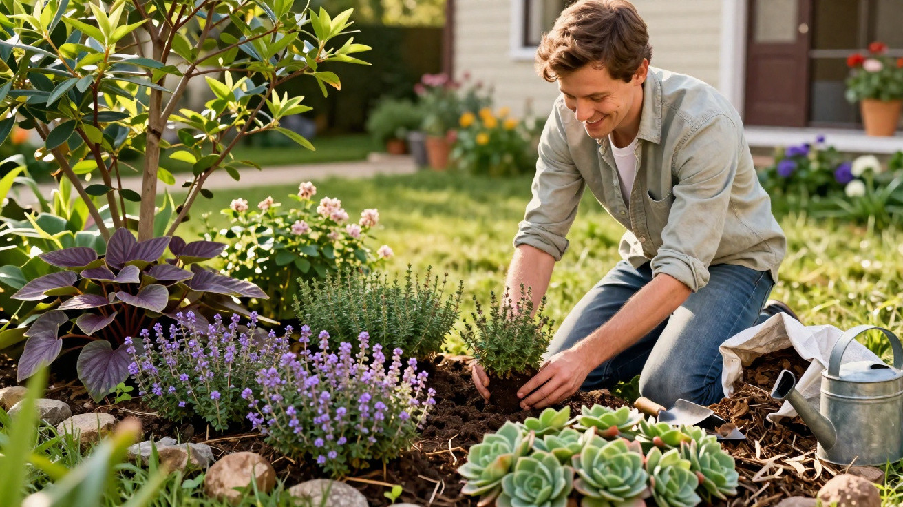 Homem sorridente plantando flores em jardim ensolarado com regador e ferramentas ao lado.