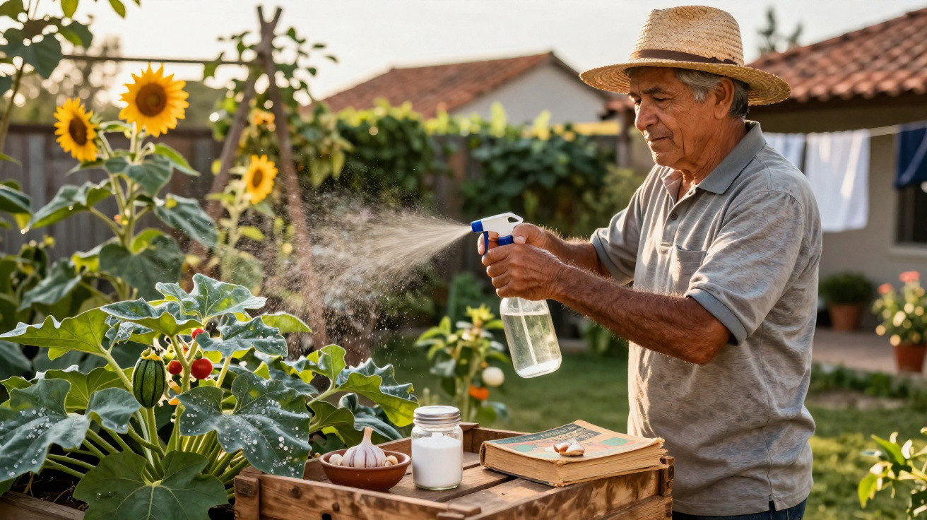 Homem idoso regando plantas com borrifador em jardim com girassóis ao fundo.
