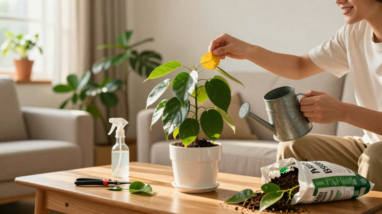 Pessoa cuidando de planta em vaso na mesa de madeira em sala iluminada, com regador e terra aberta.