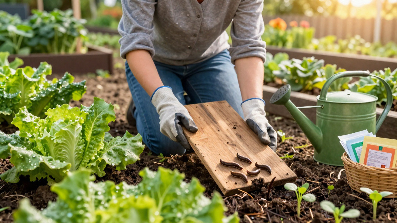 Pessoa com luvas coloca minhocas no solo de um jardim com plantas verdes e regador metálico ao lado.