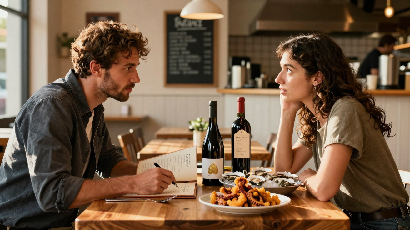 Homem e mulher conversando em mesa com garrafa de vinho, frutos do mar e caderno em restaurante.