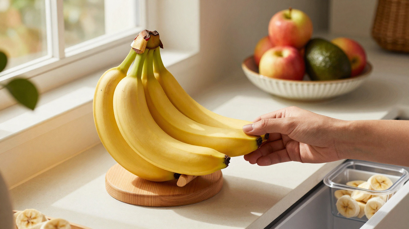 Mão segurando banana em suporte de madeira na cozinha com frutas e janela ao fundo.