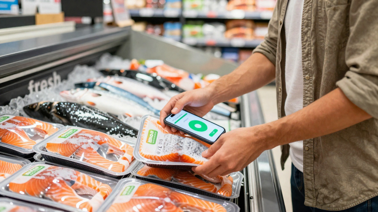 Pessoa segurando smartphone e pacote de filé de salmão em açougue de supermercado.