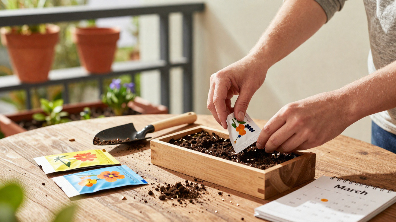 Pessoa plantando sementes em caixa de madeira em mesa com pacotes coloridos e calendário aberto em março.