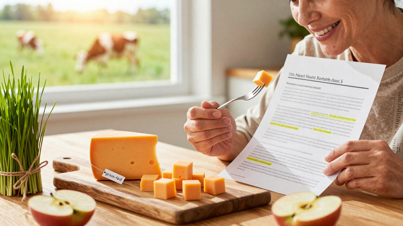 Mulher sorridente provando cubo de queijo enquanto lê documento próximo a maçã cortada e planta verde.