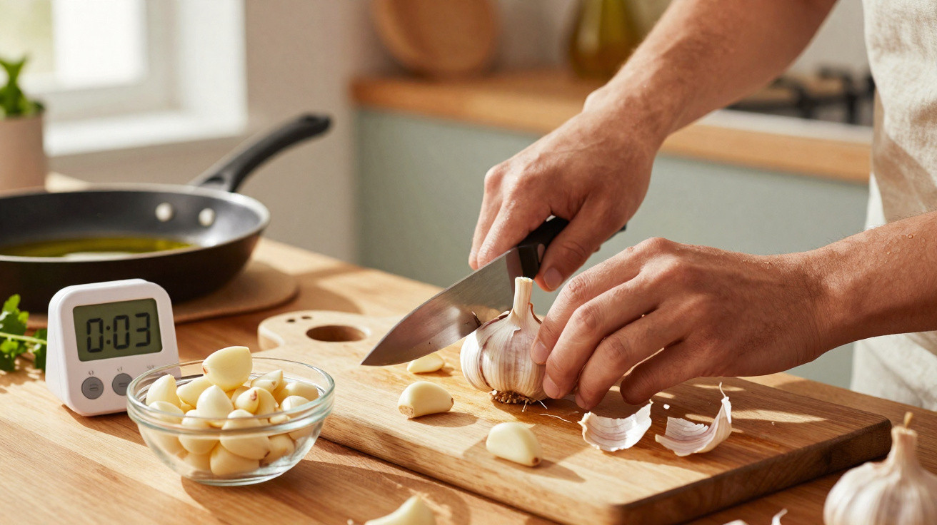 Pessoa cortando alho na tábua de madeira com temporizador e frigideira ao fundo na cozinha.