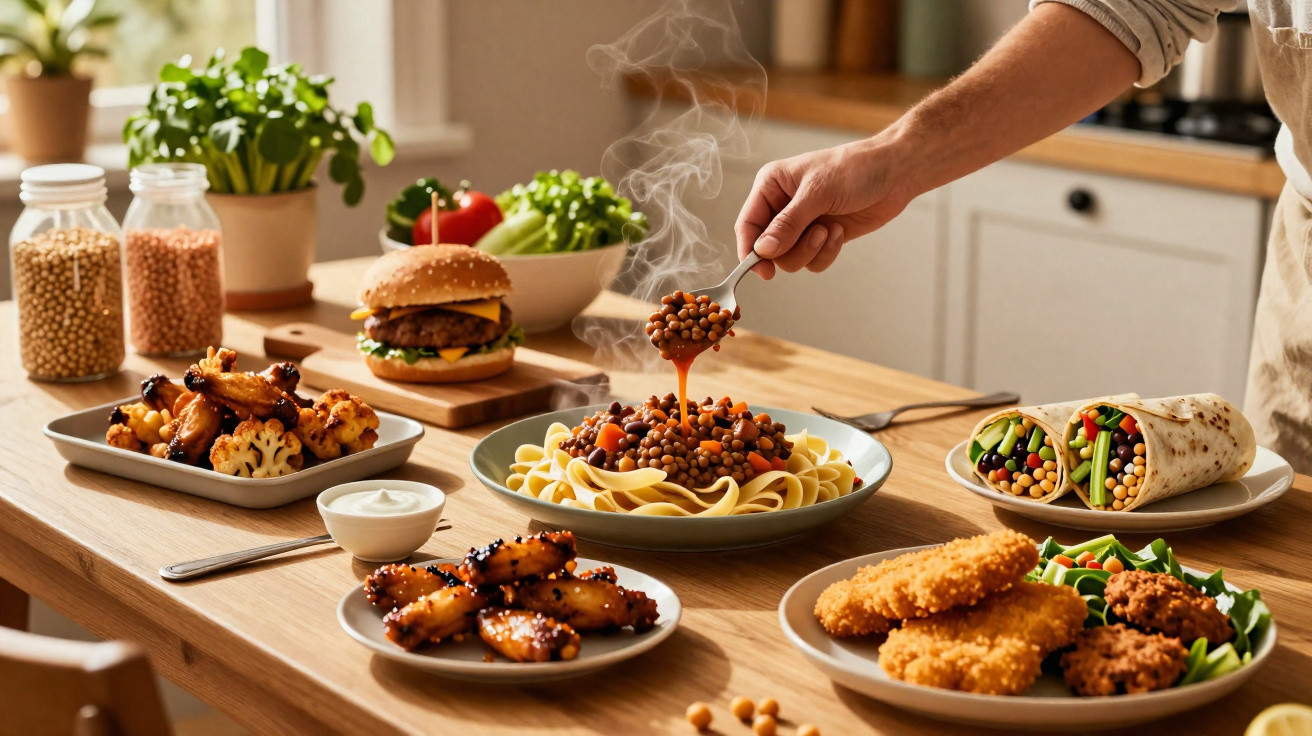 Mesa com diversos pratos de comida saudável, incluindo hambúrguer, wraps, macarrão e legumes.
