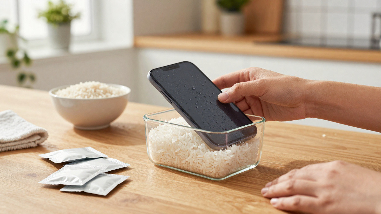 Mão colocando celular molhado em pote com arroz, ao lado de sachês brancos e toalha em superfície de madeira.
