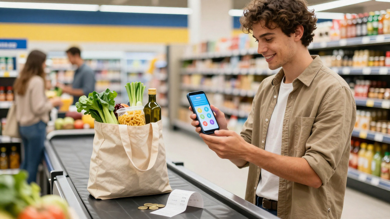 Jovem conferindo lista de compras no celular ao lado de sacola ecológica com alimentos em mercado.