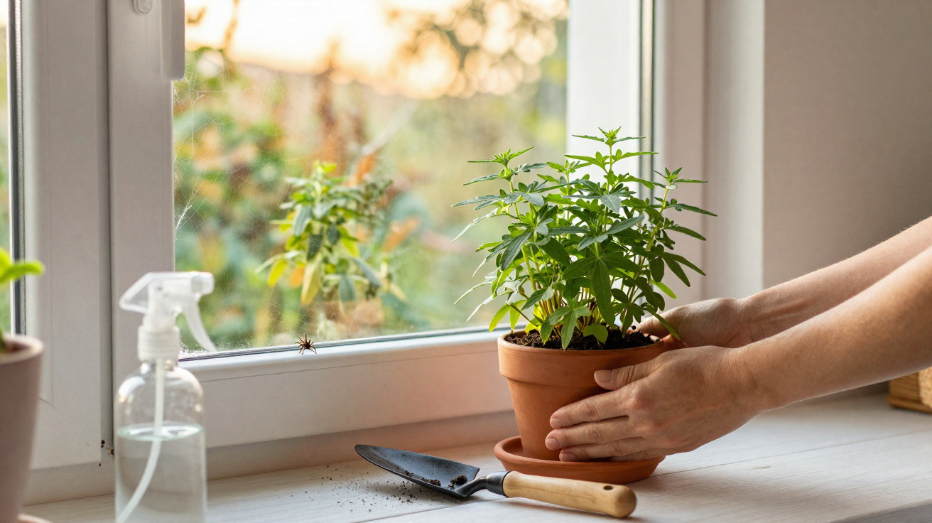 Pessoa cuidando de planta em vaso de barro próxima à janela com regador e pá de jardinagem.