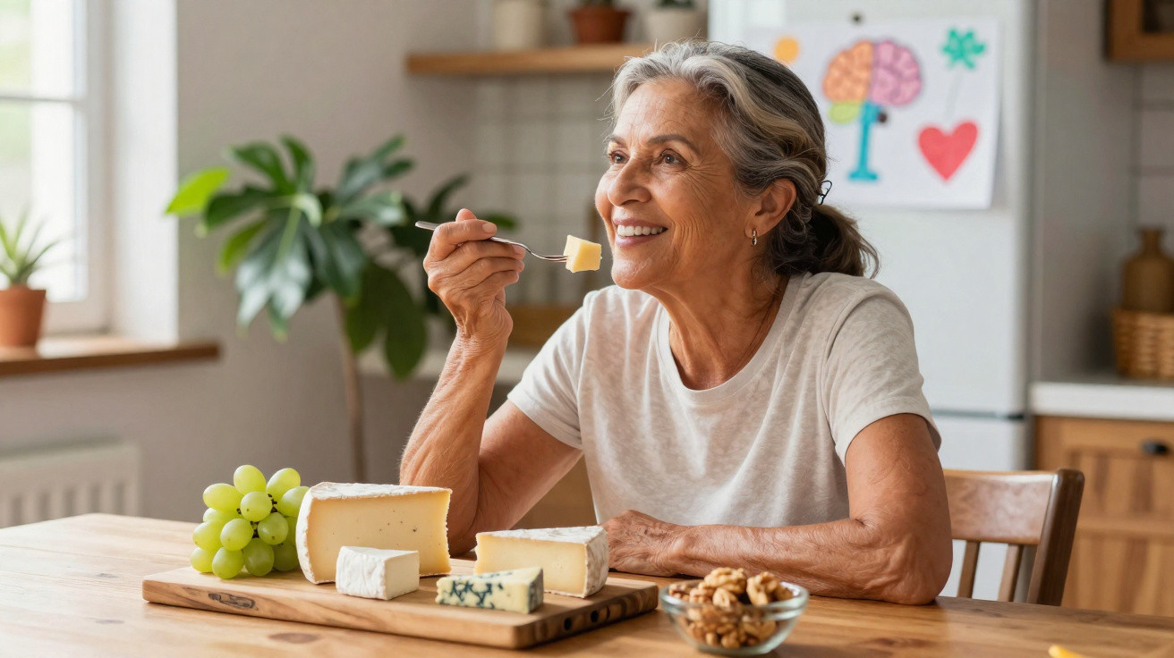 Mulher idosa sorridente degustando queijo no café da manhã em cozinha clara e decorada com plantas.