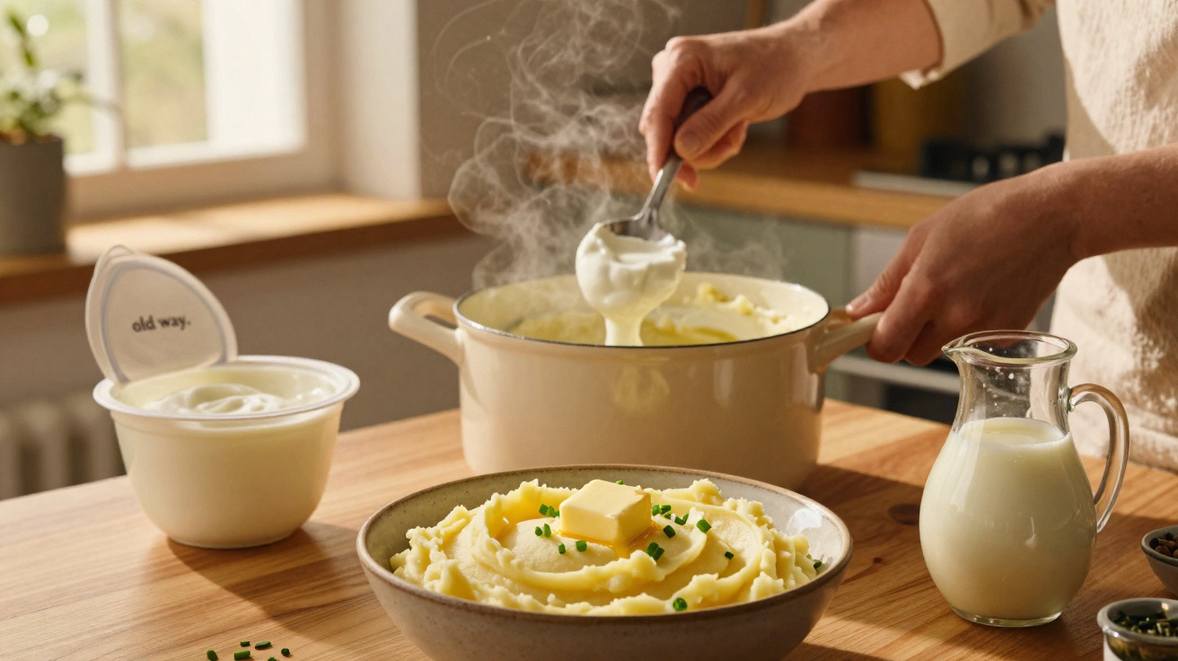 Pessoa adicionando creme em purê de batatas com manteiga e cebolinha em tigela na bancada de madeira.