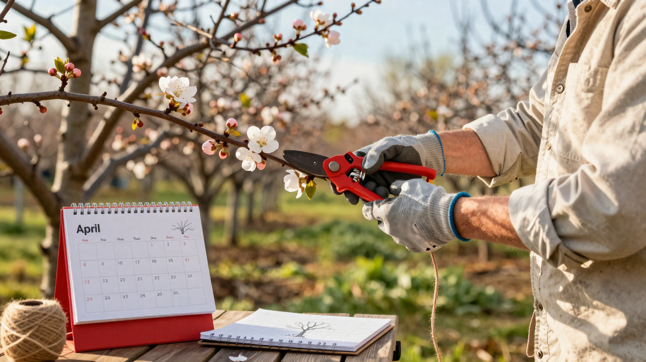Pessoa aparando galho florido de árvore com tesoura de poda em pomar na primavera, com calendário em destaque.