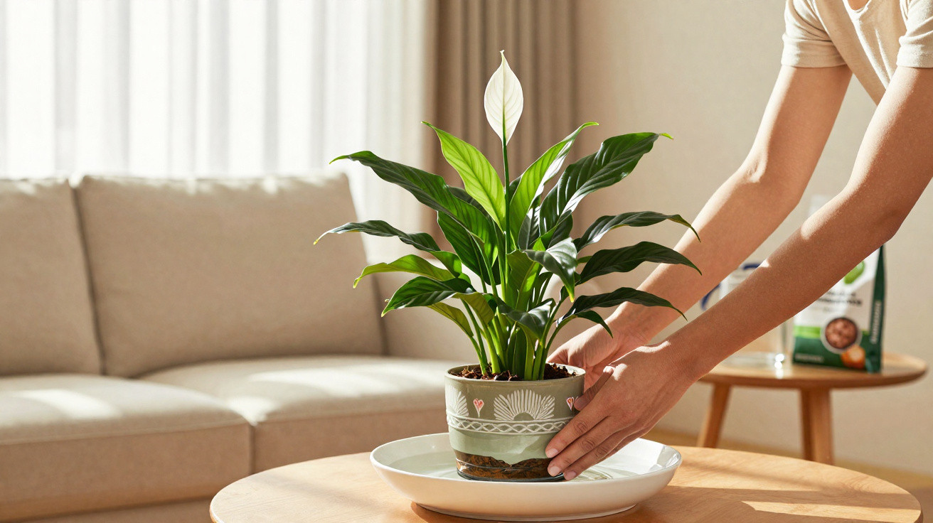 Pessoa ajustando vaso de planta com flor branca sobre mesa em sala bem iluminada.