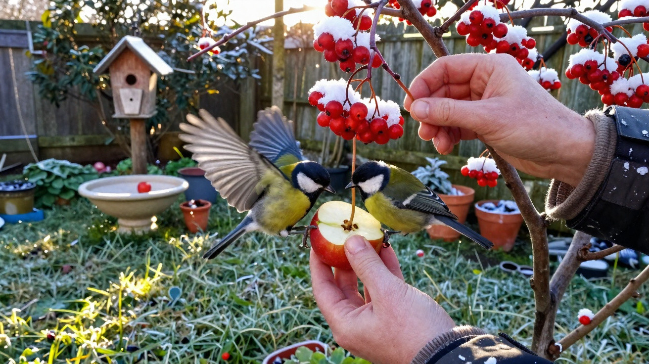 Mãos seguram maçã e galho com frutas vermelhas enquanto dois pássaros comem num jardim com casinha de passarinho.