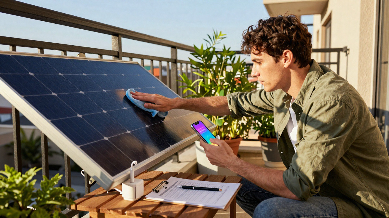Homem limpando painel solar em varanda, segurando celular com aplicativo aberto.