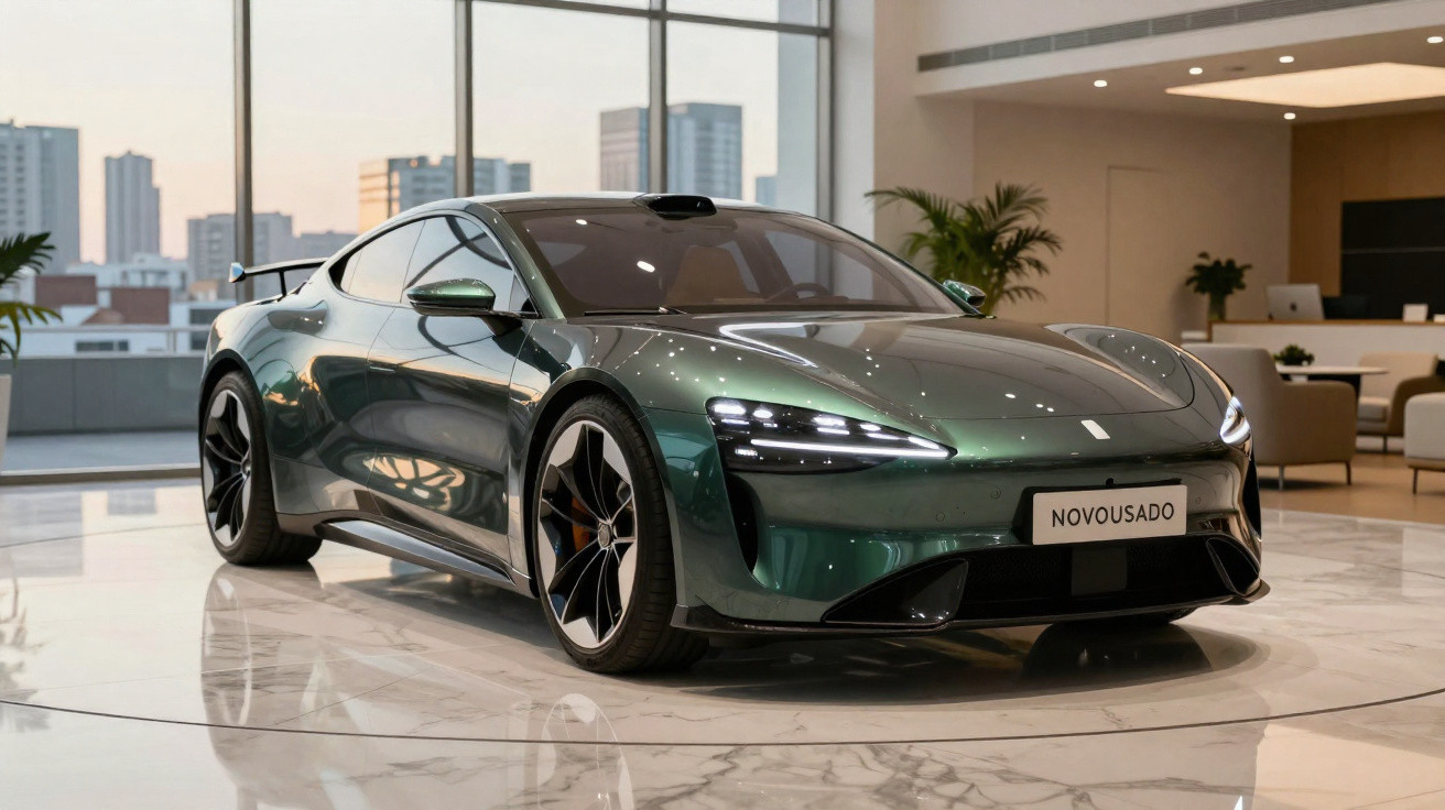 Carro elétrico esportivo cinza escuro em showroom moderno com grandes janelas e piso de mármore.