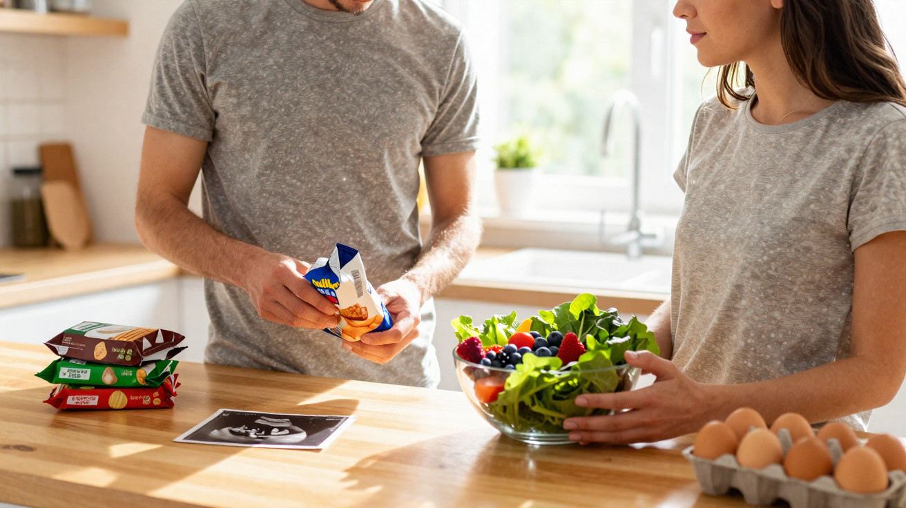 Casal preparando saladas com frutas e vegetais frescos em cozinha iluminada e moderna.