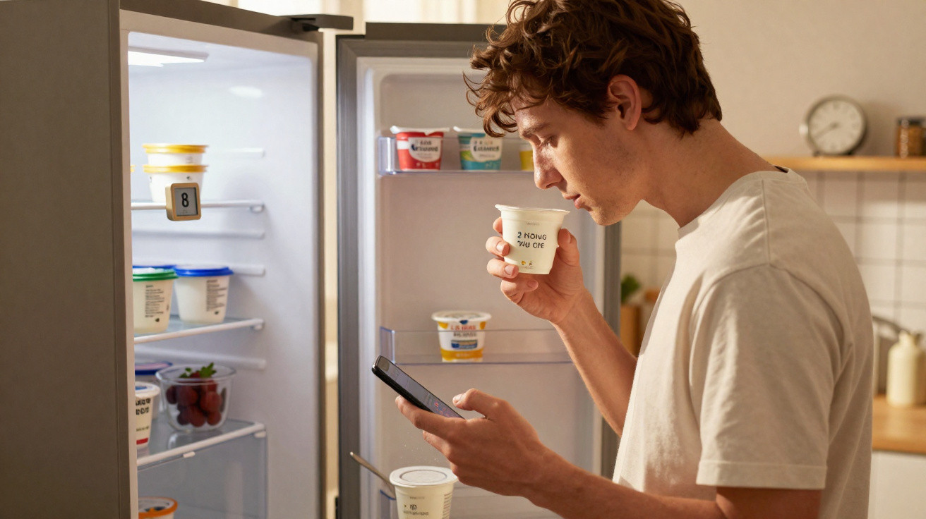 Jovem consulta o celular enquanto segura iogurte próximo à geladeira aberta na cozinha.