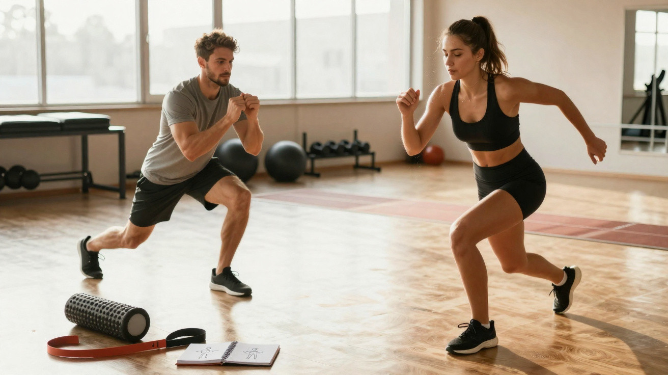 Homem e mulher malhando juntos fazendo agachamento em estúdio de ginástica iluminado.