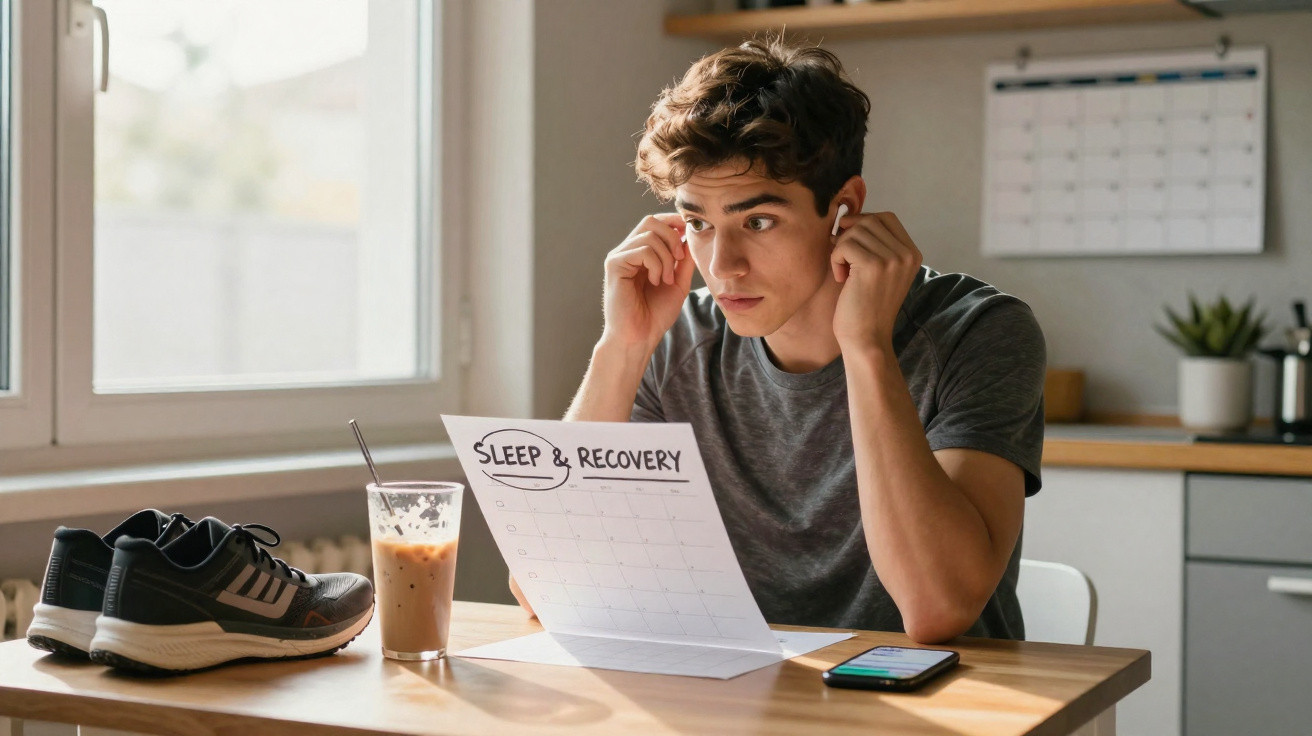 Jovem sentado à mesa com fones de ouvido, olhando para agenda com escrito "Sleep & Recovery" na cozinha.
