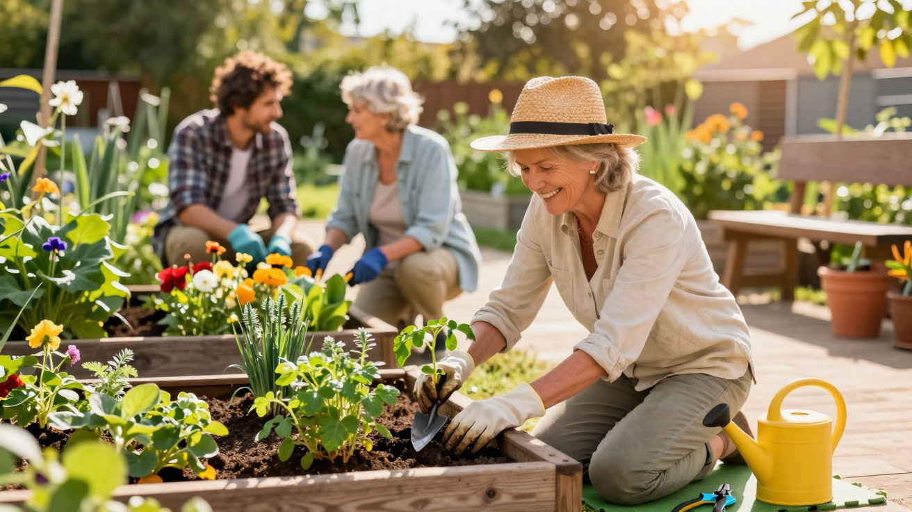 Duas mulheres conversando enquanto outra idosa com chapéu cuida de plantas em canteiro no jardim ensolarado.