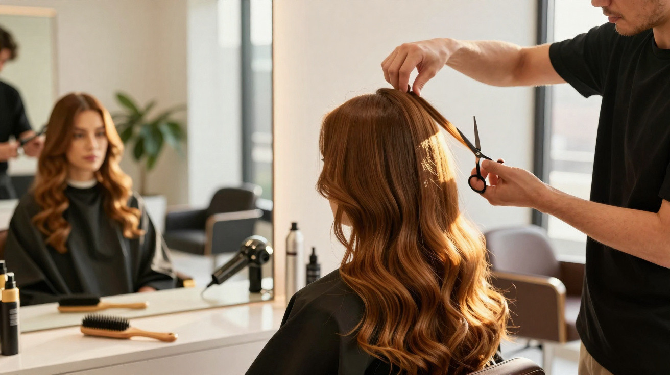 Cabeleireira cortando cabelo longo e ondulado de cliente em salão de beleza moderno e iluminado.