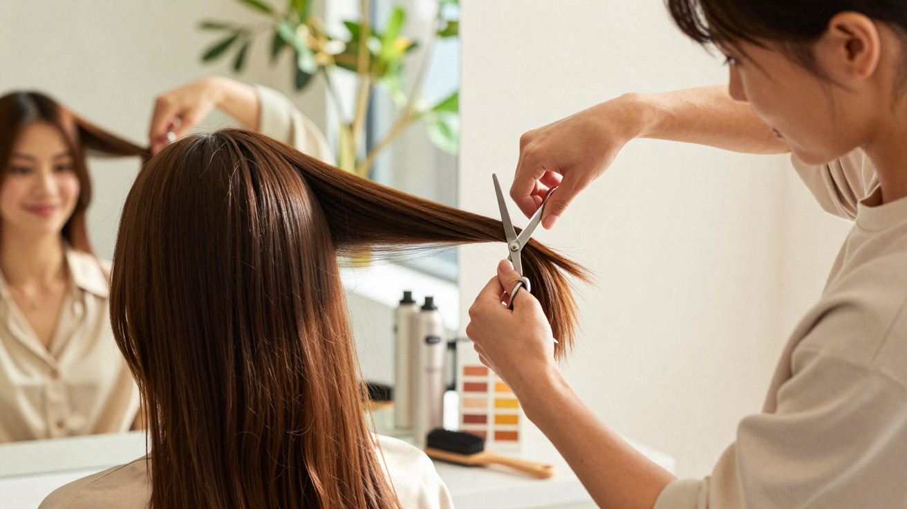 Mulher com cabelo castanho recebendo corte de cabelo em salão moderno com espelho e pincéis.
