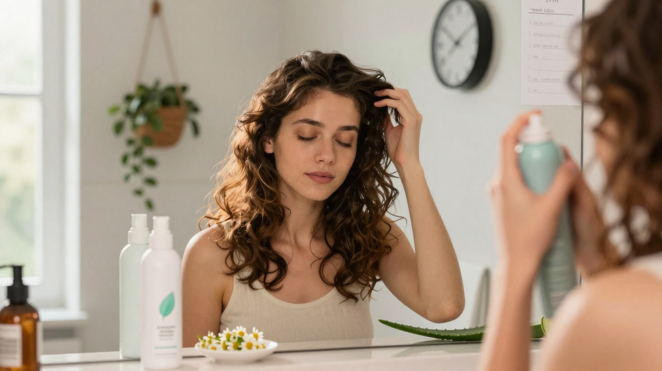 Mulher com olhos fechados e expressão relaxada tocando o cabelo em frente a um espelho no banheiro.