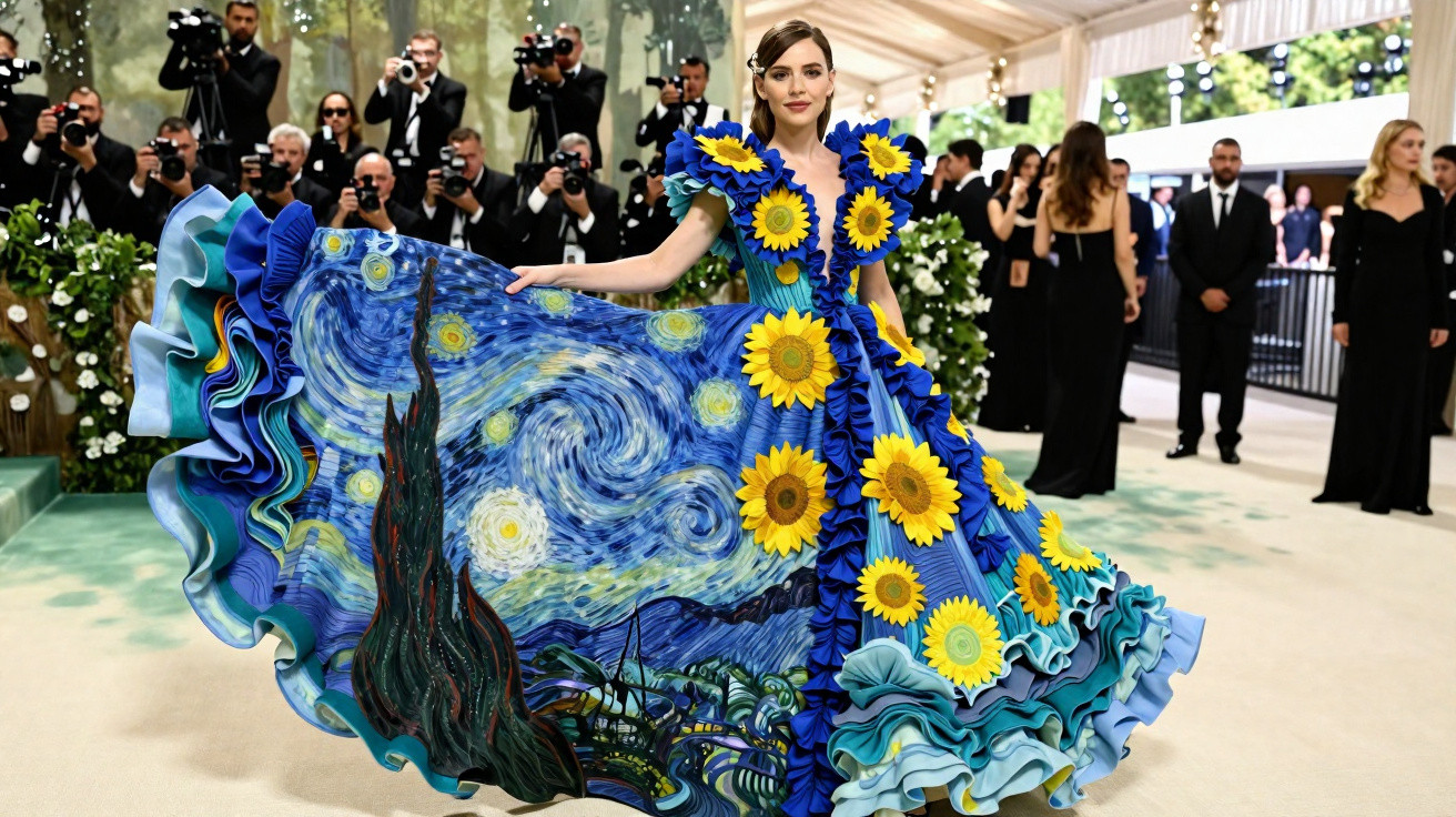 Mulher em vestido colorido com girassóis e estampa da obra Noite Estrelada em evento com fotógrafos ao fundo.