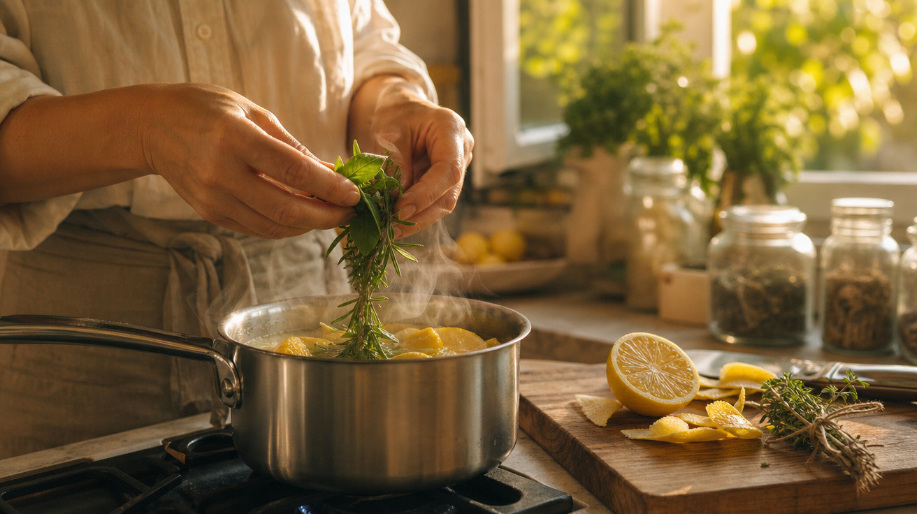 Pessoa adiciona ervas frescas em panela com alimentos cozinhando em cozinha iluminada pelo sol.