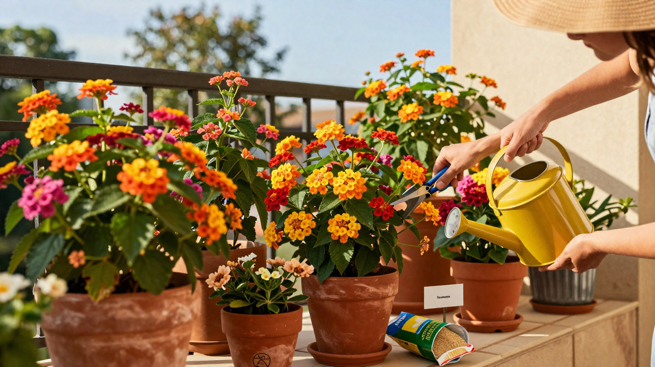 Mulher cuidando de vasos com flores coloridas em varanda ensolarada, com regador amarelo.