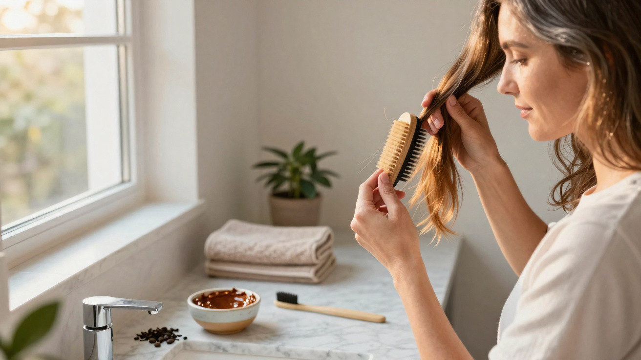 Mulher sentada penteando o cabelo enquanto aplica óleo capilar em casa, com toalhas e plantas ao fundo.