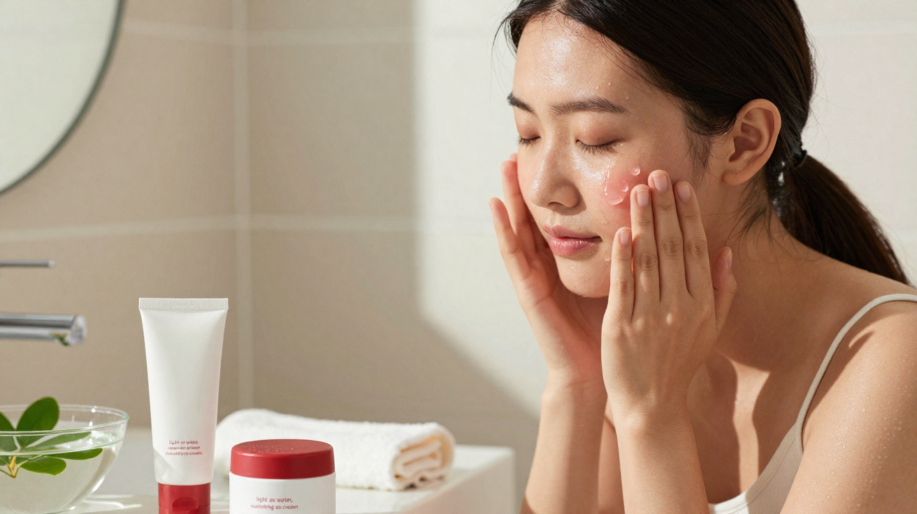 Mulher aplicando creme facial em um banheiro com produtos de skincare à frente.