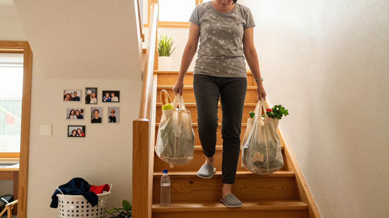 Mulher descendo escada de madeira com duas sacolas de compras contendo legumes e pão.