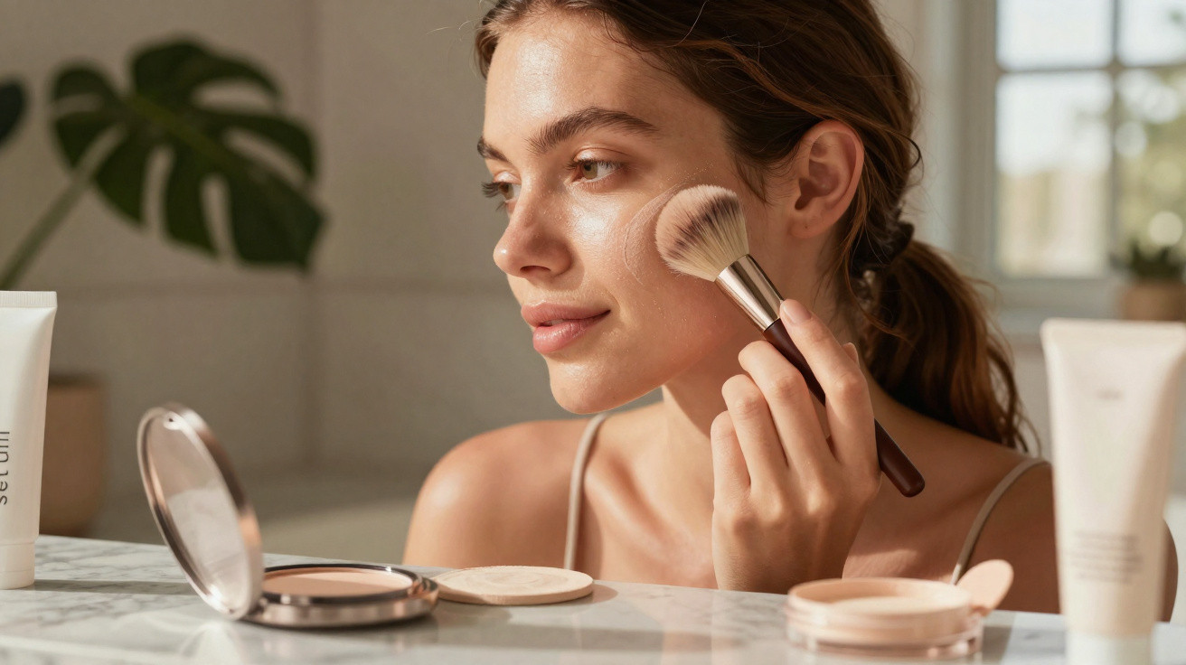 Mulher aplicando pó facial com pincel em ambiente iluminado por luz natural.