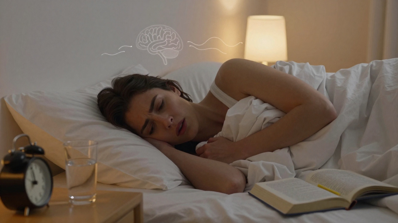 Mulher dormindo na cama com expressão relaxada, livro aberto e desenho de cérebro sobre a cabeça.