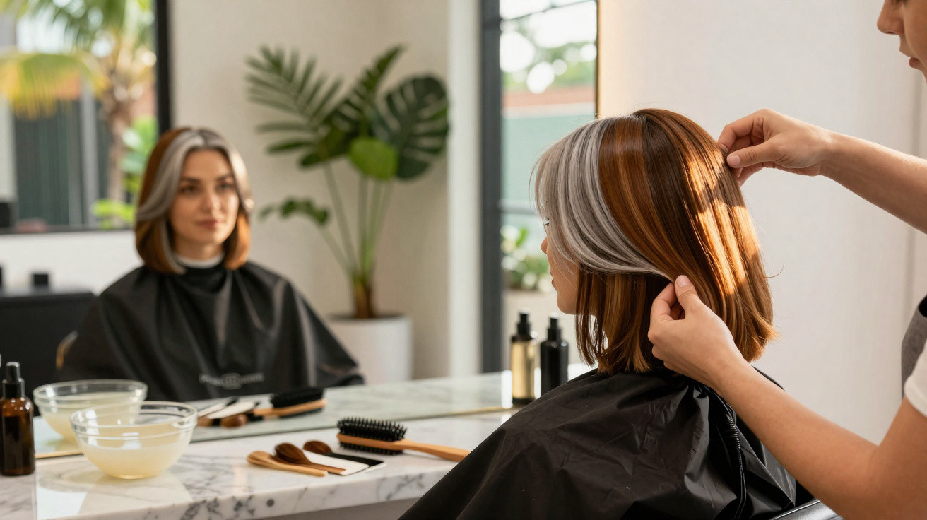 Mulher sentada no salão de beleza recebendo corte de cabelo com cabeleireiro ajustando mechas.