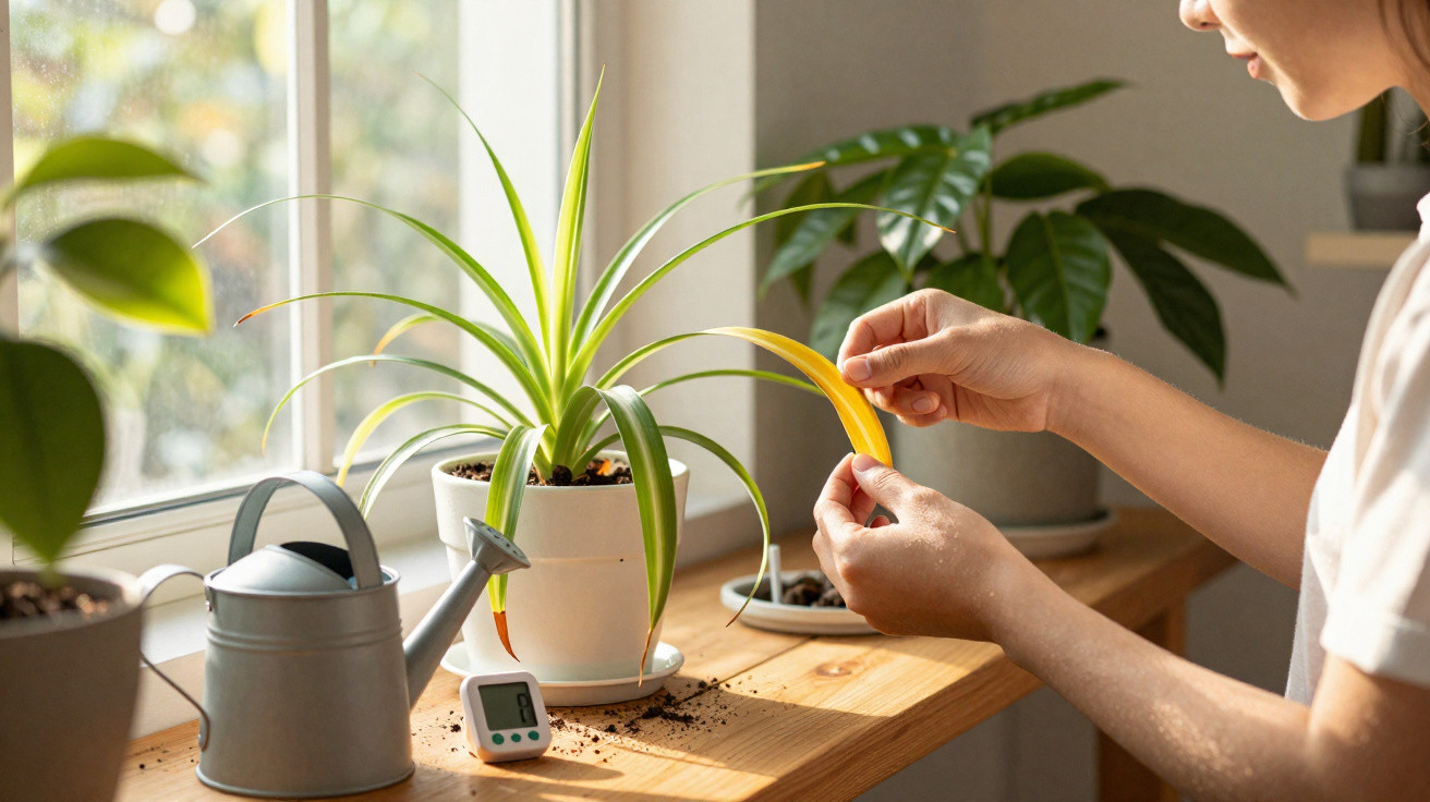 Pessoa cuidando de planta em vaso branco próxima a janela com regador e medidor digital na mesa de madeira.