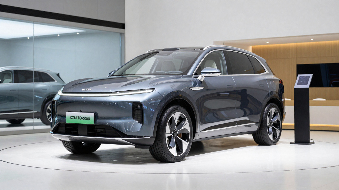 Carro SUV elétrico cinza exposto em showroom moderno com iluminação clara e piso branco.