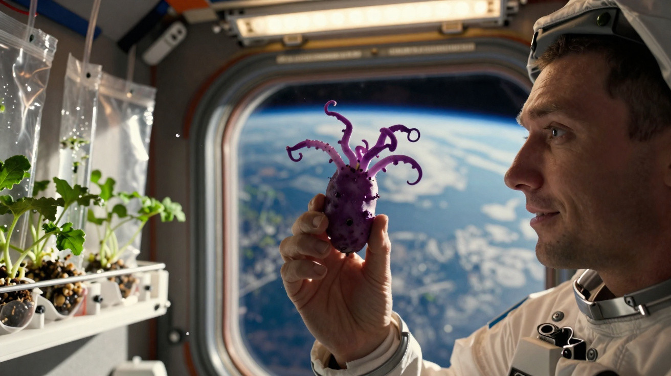 Astronauta dentro de nave espacial segurando objeto roxo com tentáculos, plantas crescendo na estante ao lado.