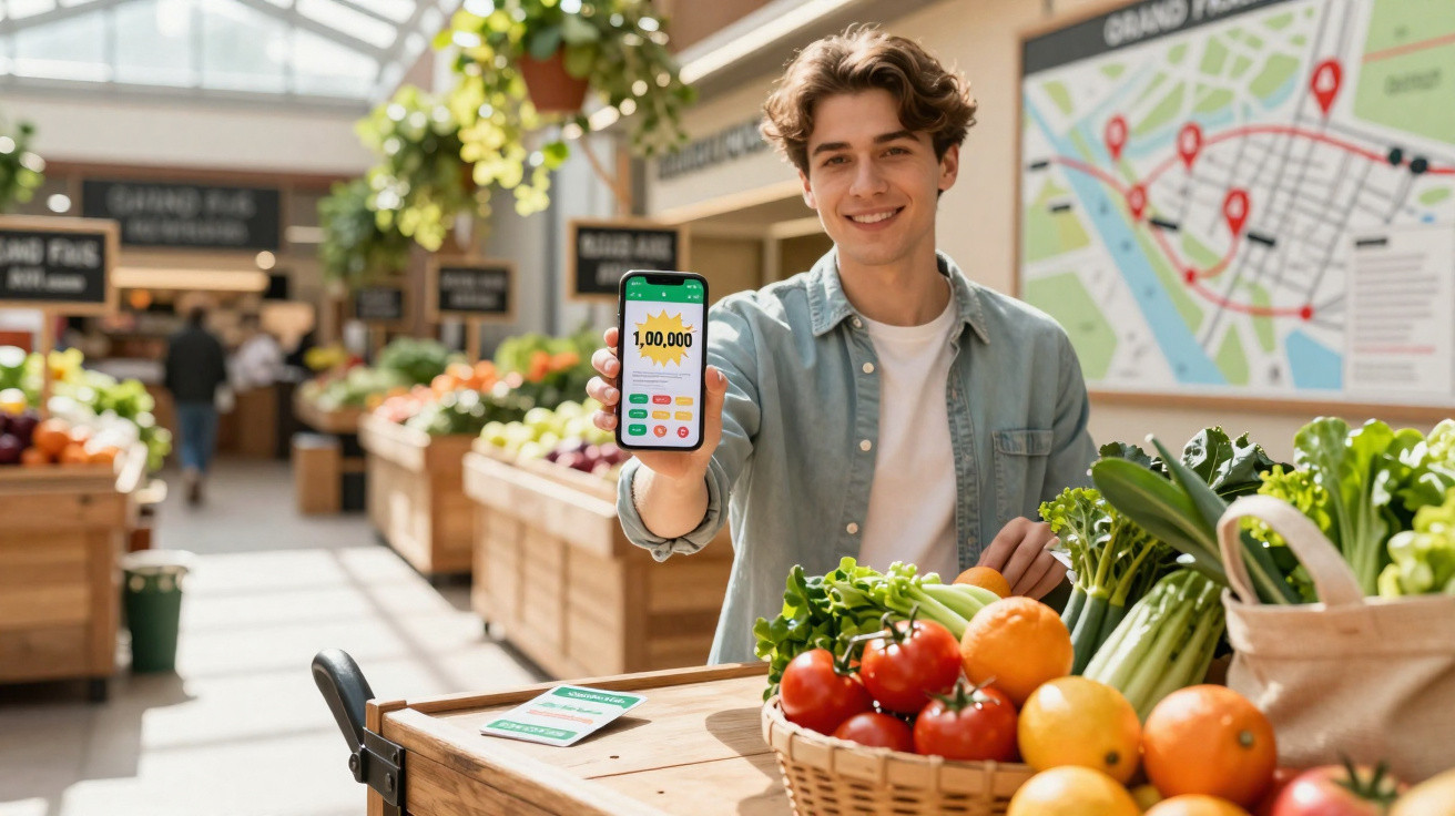 Jovem sorridente em mercado ao ar livre mostrando celular com celebração de 100.000 seguidores.