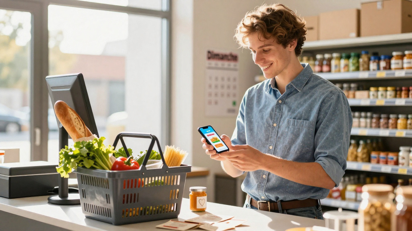 Homem jovem fazendo compras em supermercado, usando celular e carrinho com alimentos frescos.