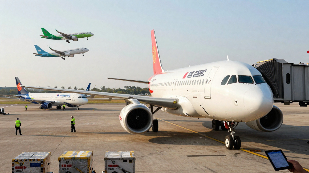 Aviões em pista de aeroporto, com um avião da Air China estacionado próximo ao finger.