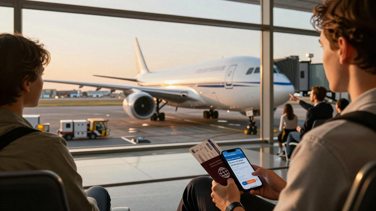 Dois jovens aguardam embarque no aeroporto com passaporte, celular e avião estacionado no portão ao fundo.
