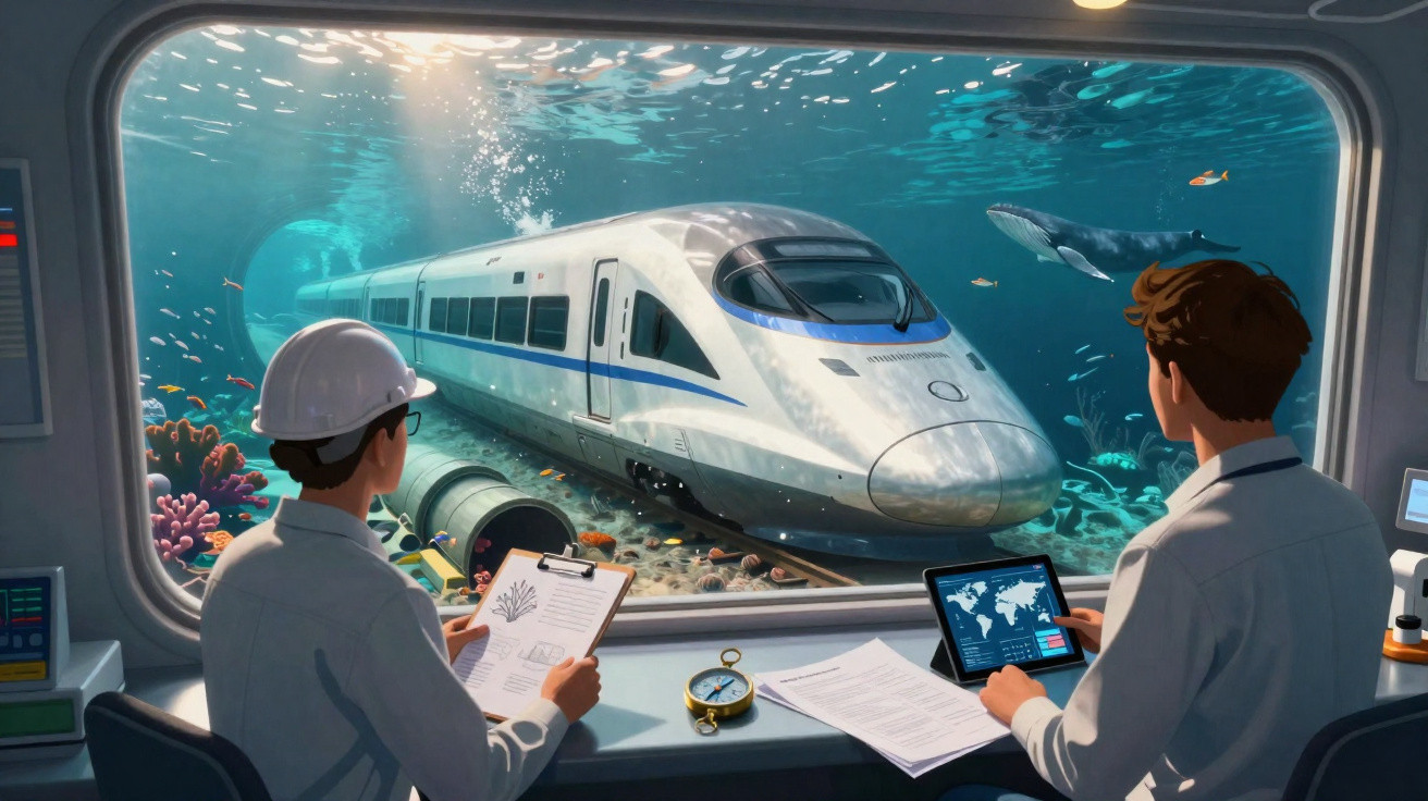 Dois cientistas observam um trem de alta velocidade submerso com vida marinha ao redor pela janela de um laboratório.
