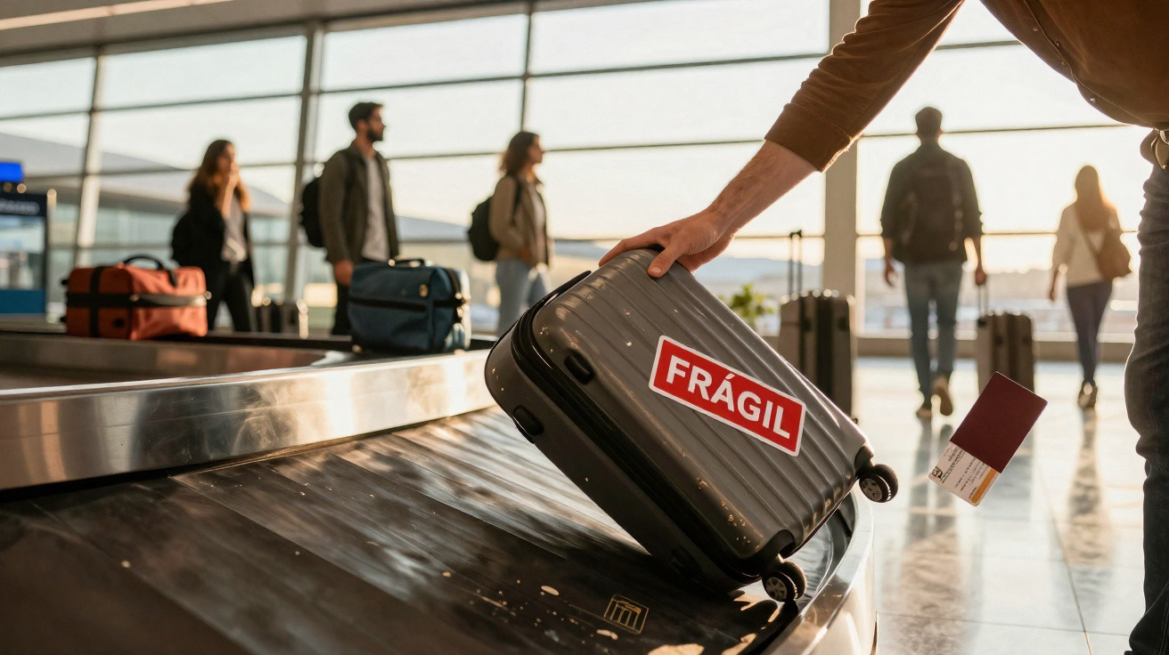 Pessoa recolhendo mala com etiqueta "frágil" na esteira de bagagens em aeroporto.