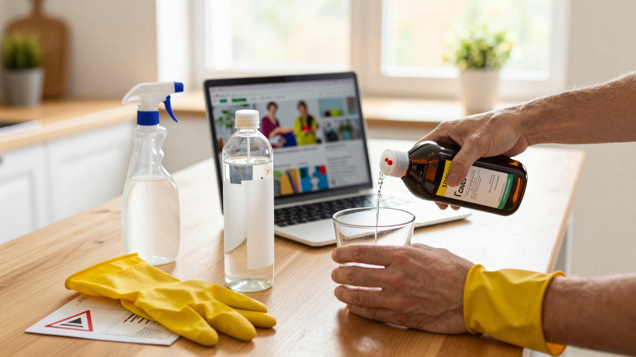 Pessoa derramando desinfetante em um copo medidor na cozinha, com luvas amarelas e laptop ao fundo.