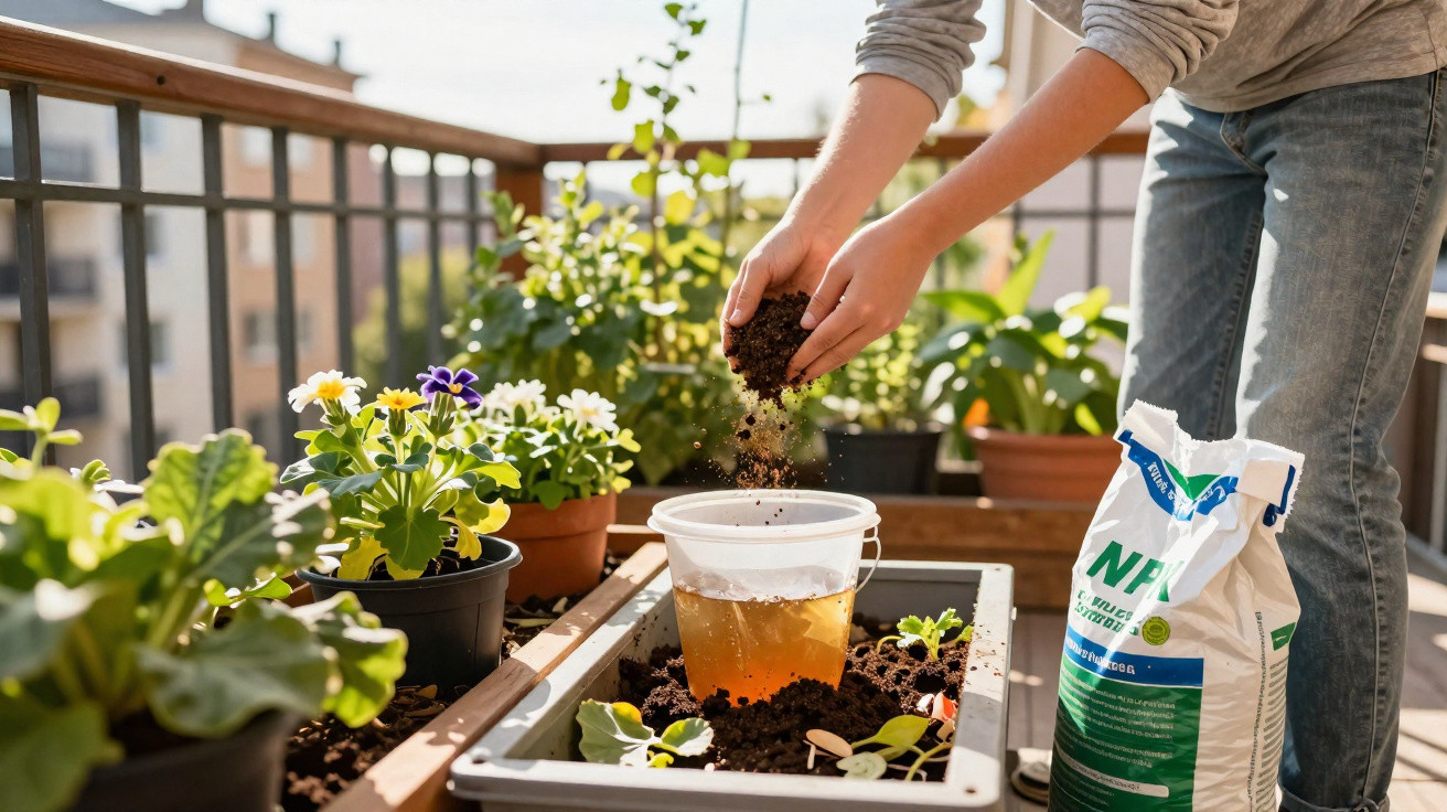Pessoa colocando terra em vaso de plantas em horta caseira com flores e vegetais em área externa ensolarada.