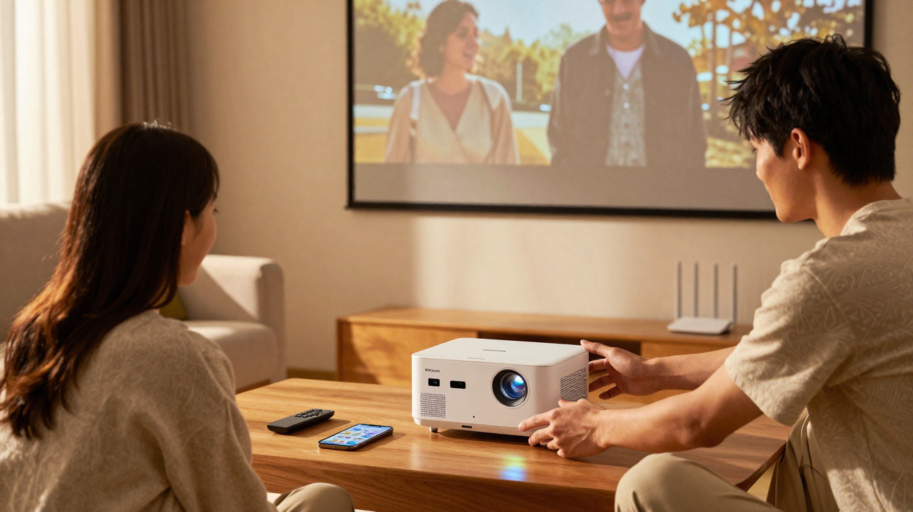 Casal ajustando projetor em sala para assistir filme exibido em tela na parede.